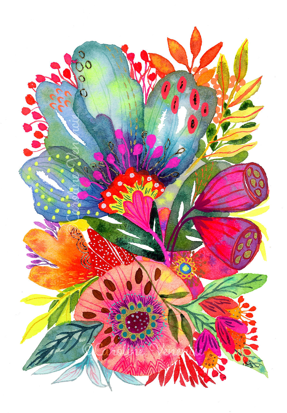 Thumbnail: Œuvre originale peinte par artiste peintre, bouquet floral expressif et poétique, aquarelle unique.