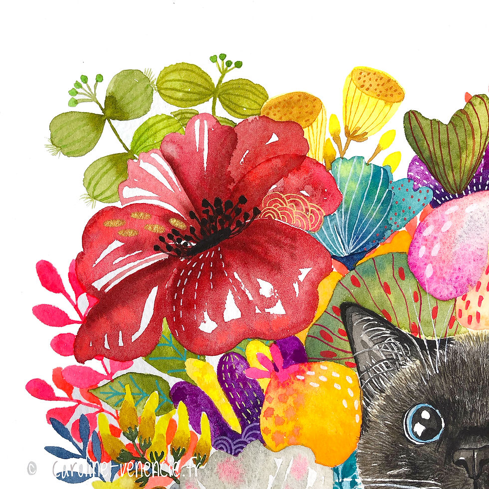 Thumbnail: Poster décoratif représentant un chat sacré et fleurs colorées. Tableau aquarelle unique pour collectionneurs.