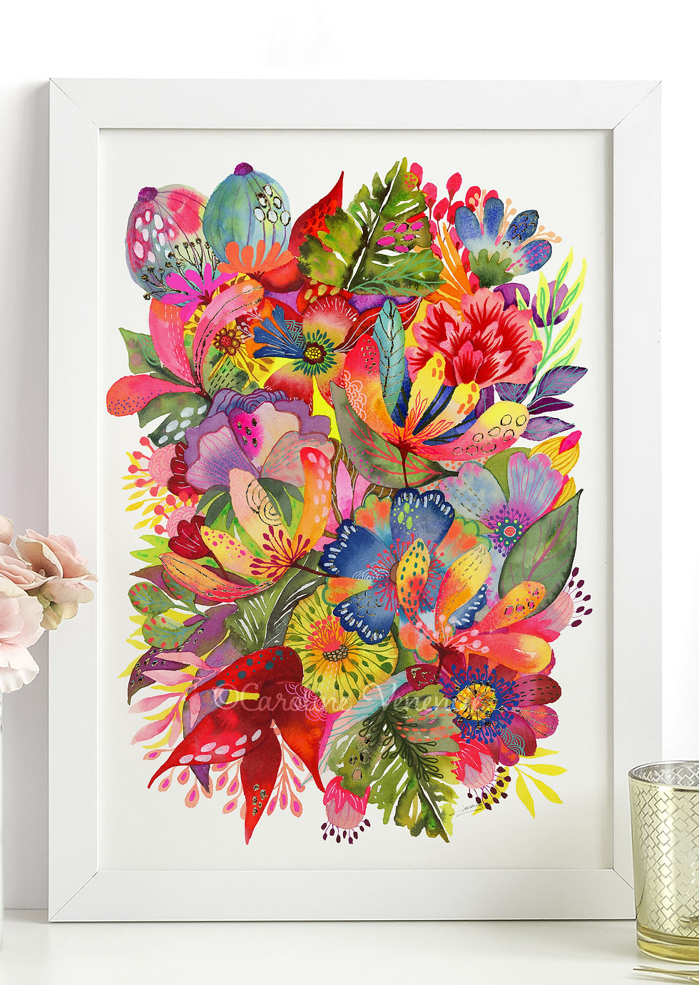 Thumbnail: Reproduction dessin Aquarelle bouquet de fleurs tropicales. Tableau coloré et œuvre originale pour décoration haut de gamme.