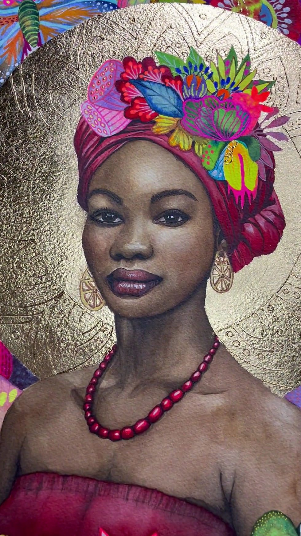 Thumbnail: Œuvre d’art haut de gamme par Caroline Venencie, artiste peintre d’aquarelles colorées. Portrait d’une femme africaine entour