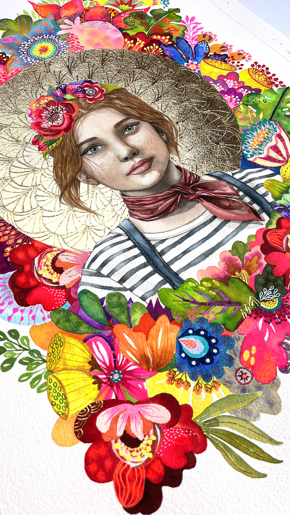 Portrait aquarelle de Maelle, héroïne de jeu vidéo. Œuvre d’une artiste contemporaine cotée et prometteuse.