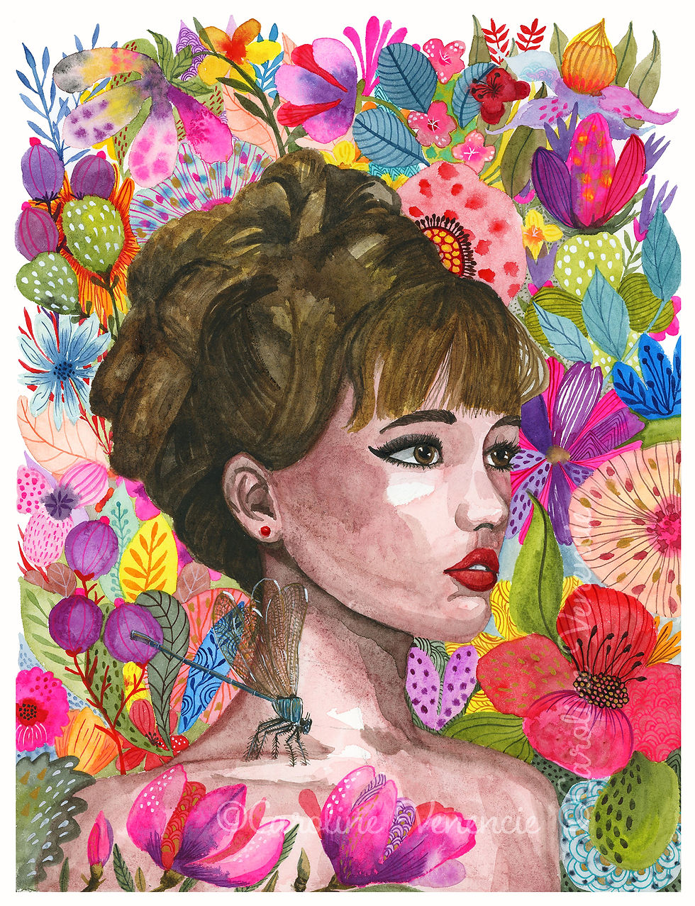 Aquarelle originale 24x32cm - Belle demoiselle à la libellule - Grand Format