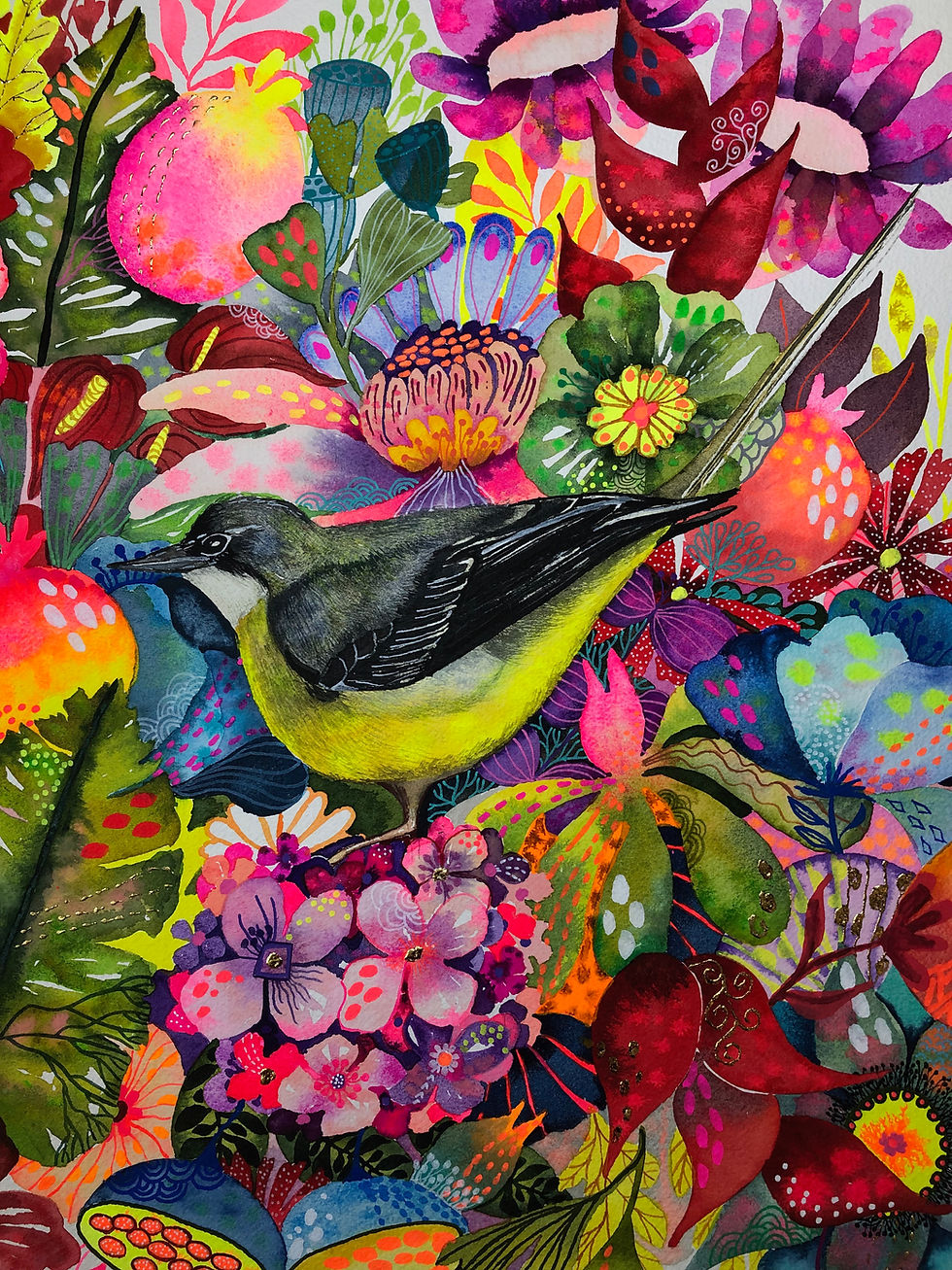 Thumbnail: Aquarelle originale représentant deux bergeronnettes dans un univers floral exotique et lumineux.