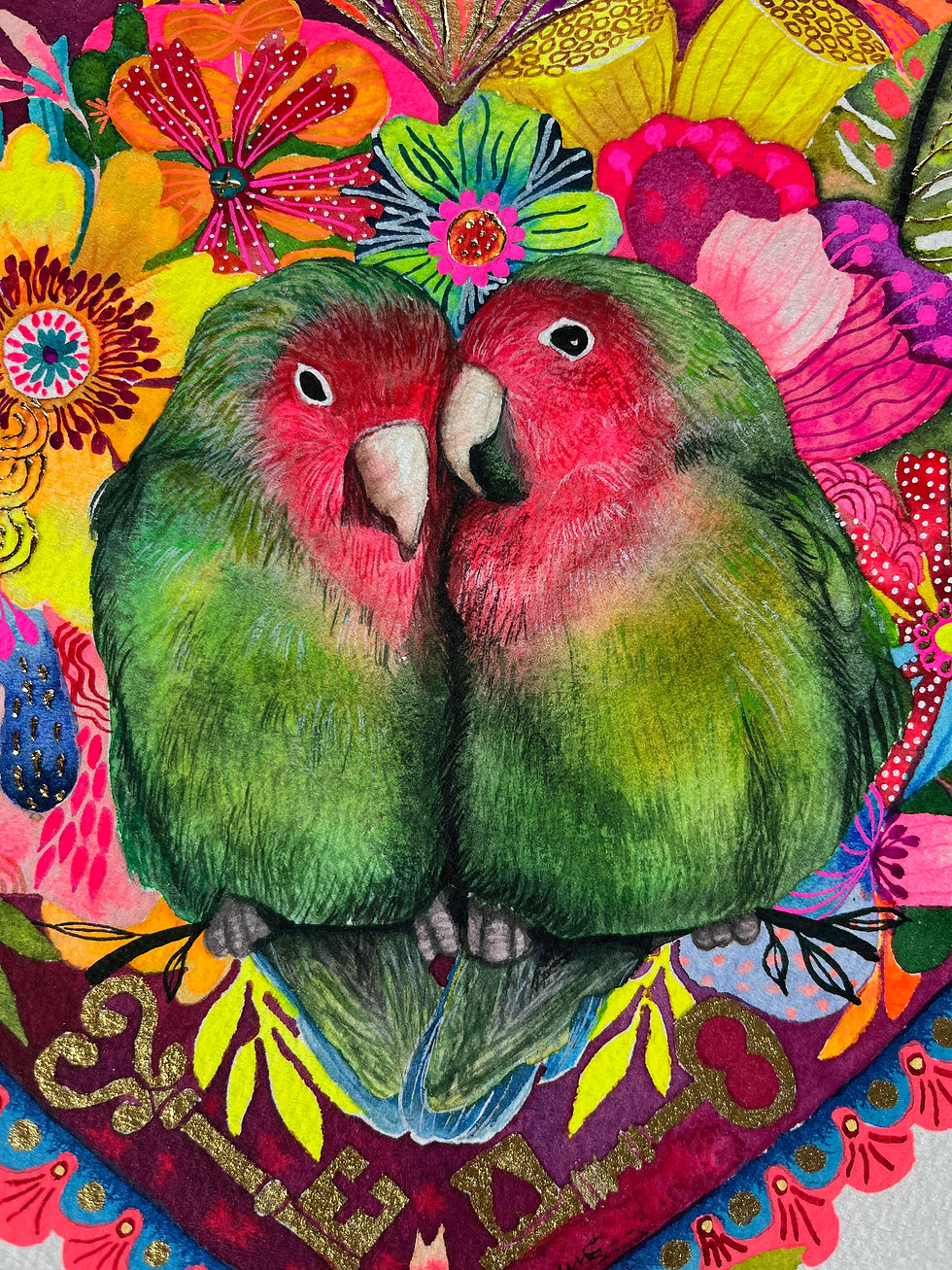 Miniature : Tableau aquarelle ex-voto représentant deux oiseaux inséparables dans un cœur fleuri, œuvre originale recherchée.