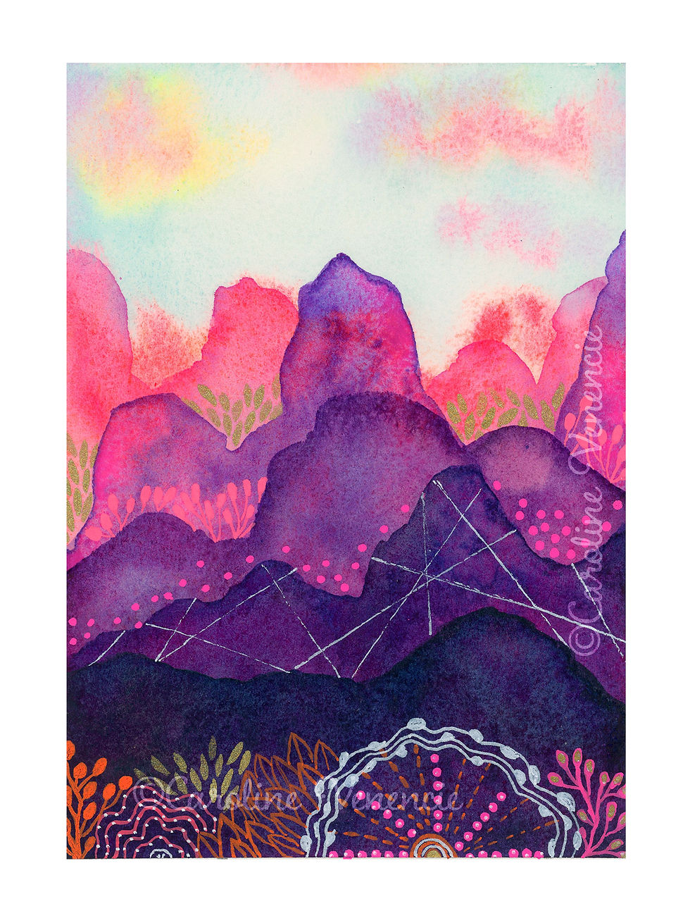 peinture aquarelle de montagne par l'artiste peintre Caroline Venencie, tableau pour les amoureux de la montagne et skieurs