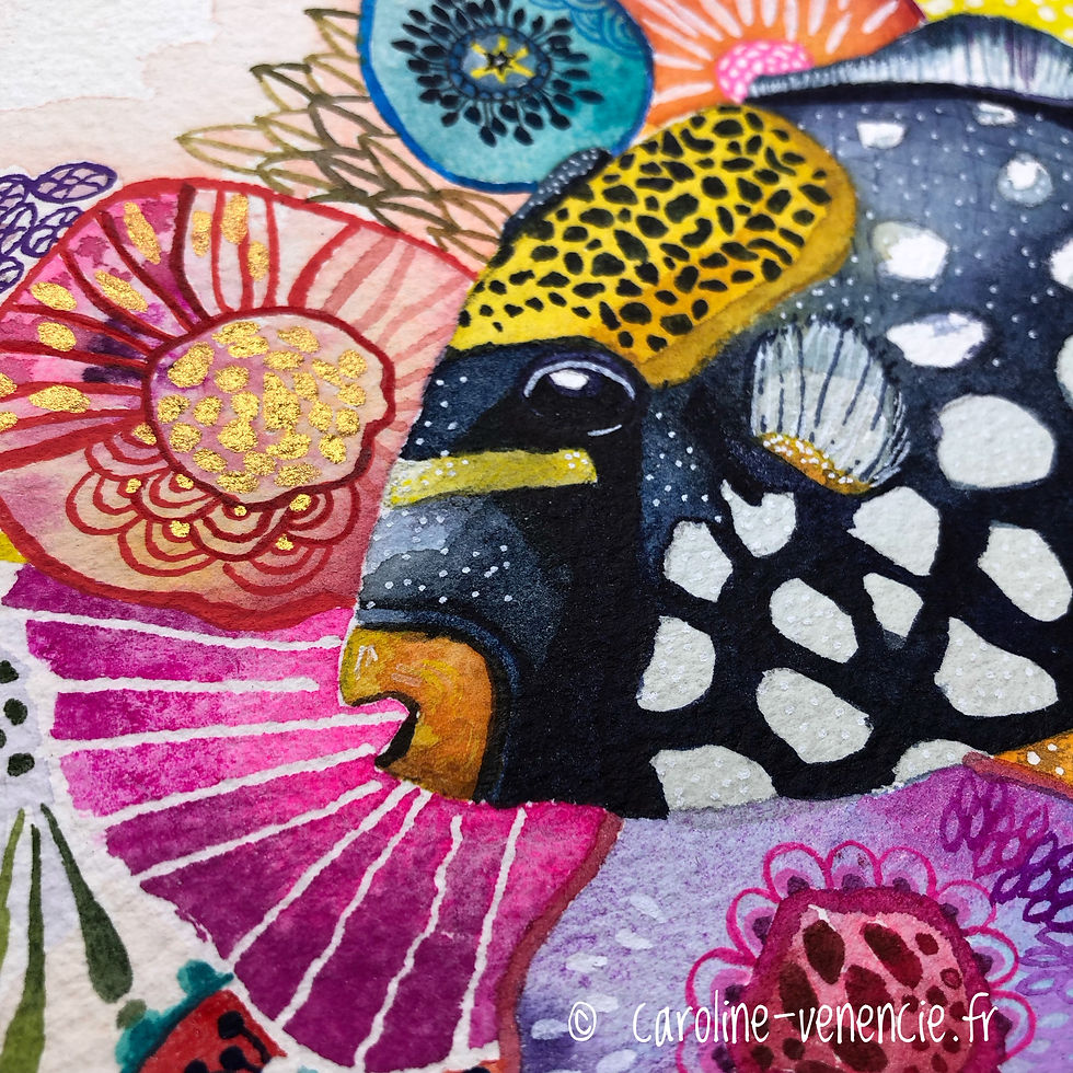 Thumbnail: Poster artistique représentant un poisson tropical et coraux. Tableau coloré, tableau aquarelle et composition unique.