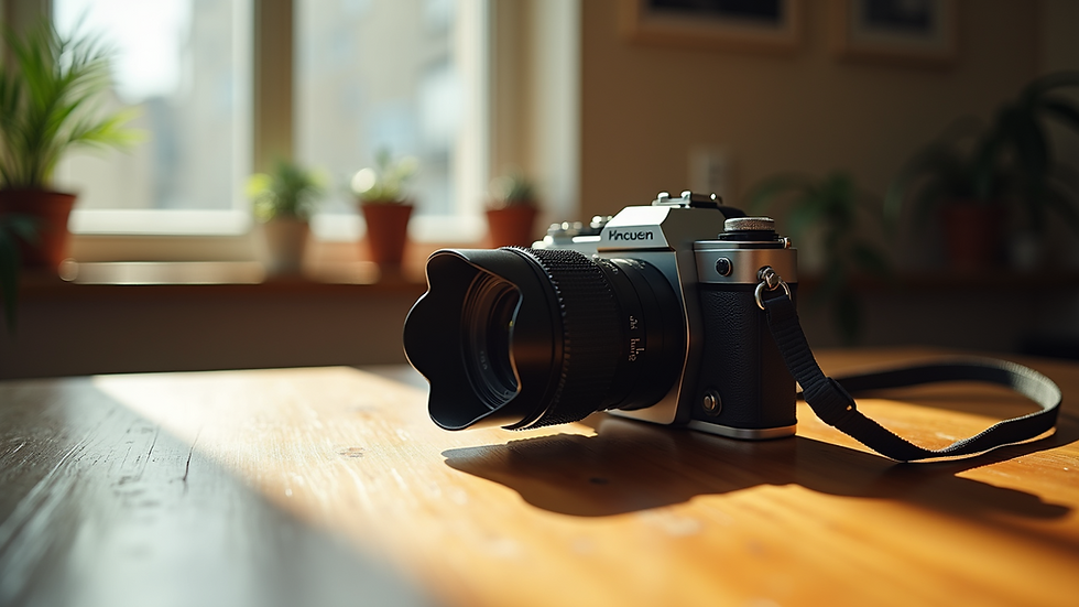 Eye-level view of a vintage camera resting on a wooden table with natural light