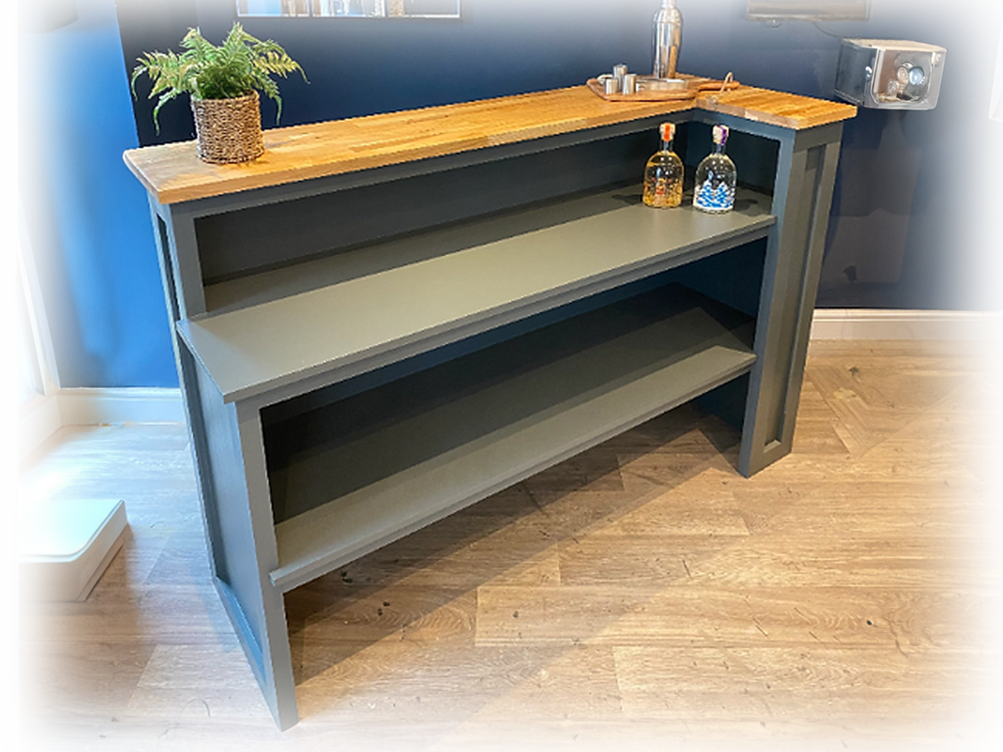 Large L Shape Home Bar, Hand Painted With Solid oak Worktop