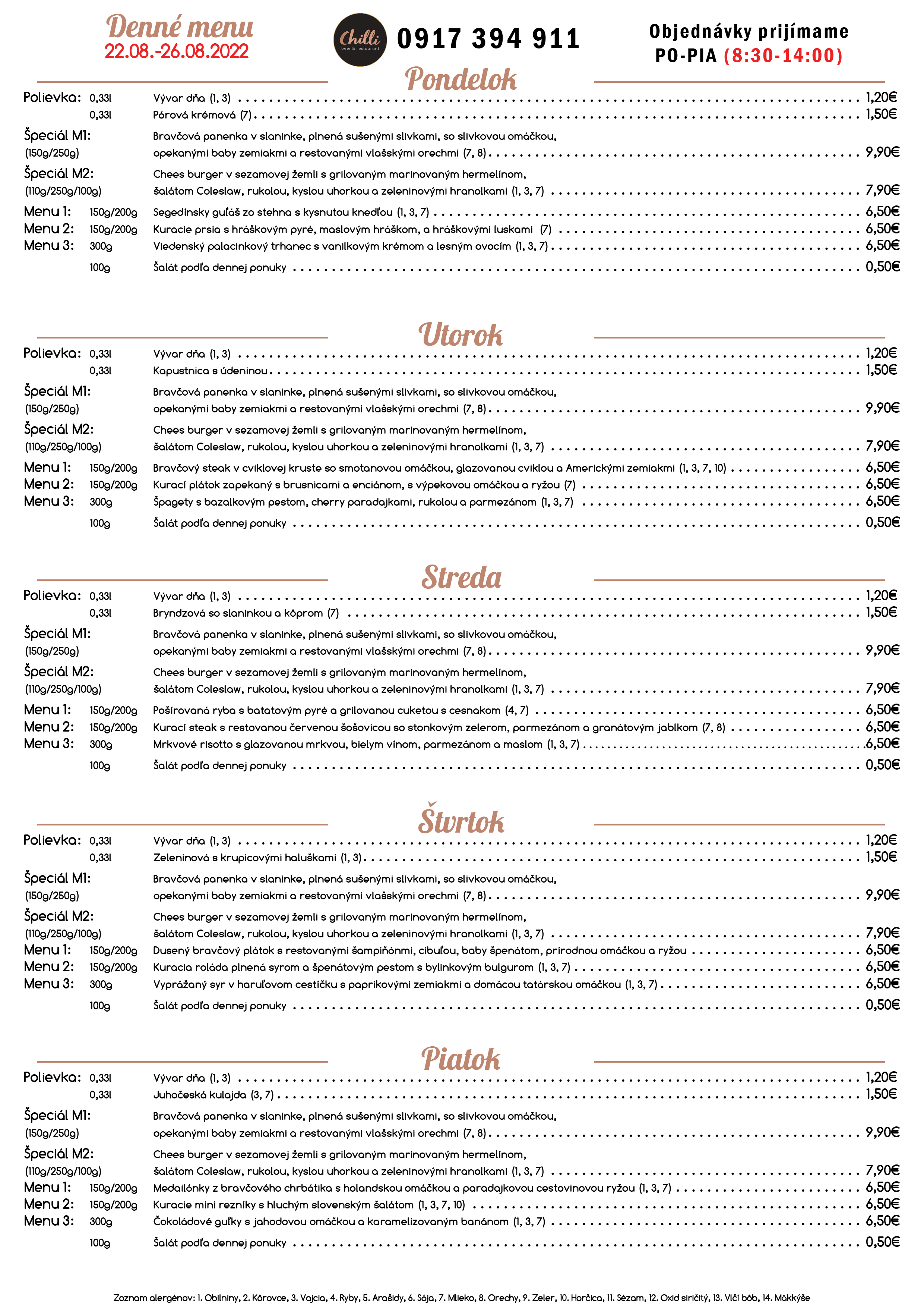 Denné menu Chilli beer&restaurant Zvolen