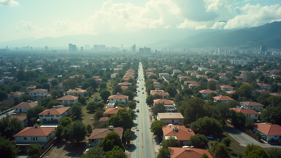 Vista aérea de un barrio residencial en Santiago con casas y áreas verdes