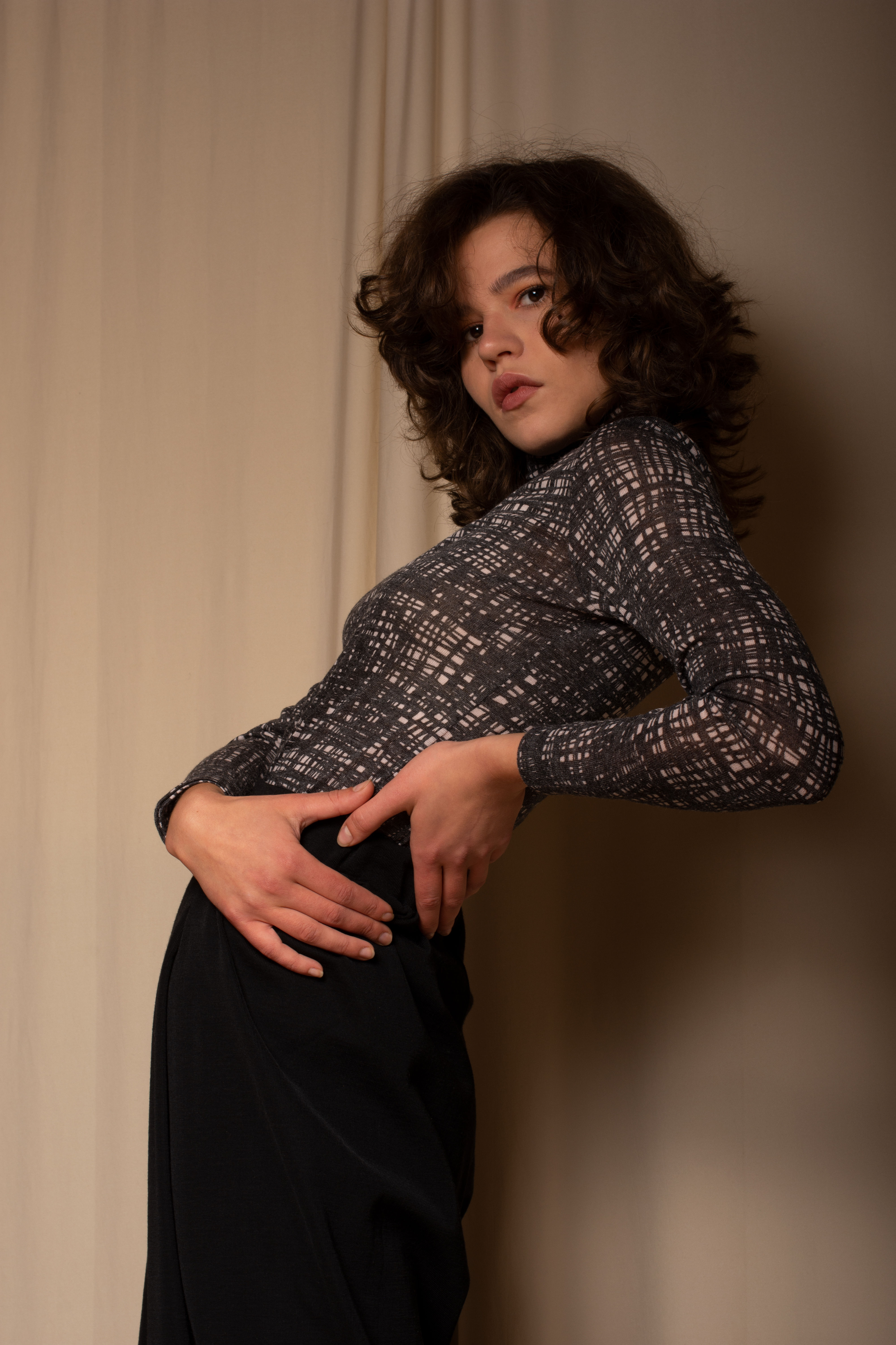 Gray Merino Wool Turtleneck Blouse on Model Side View