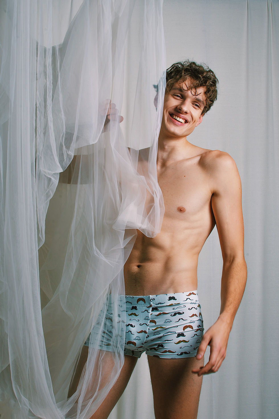 Baby Blue Mustache Printed Trunk Panty Front View on Model