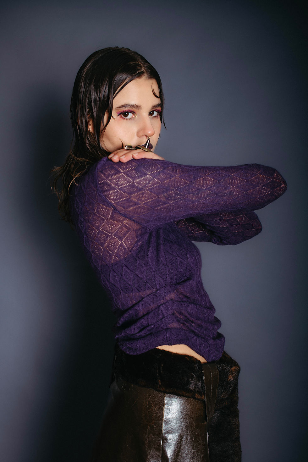 Thumbnail: Dark Purple Sheer Wool Diamond Knit Turtleneck Blouse on Model Side View