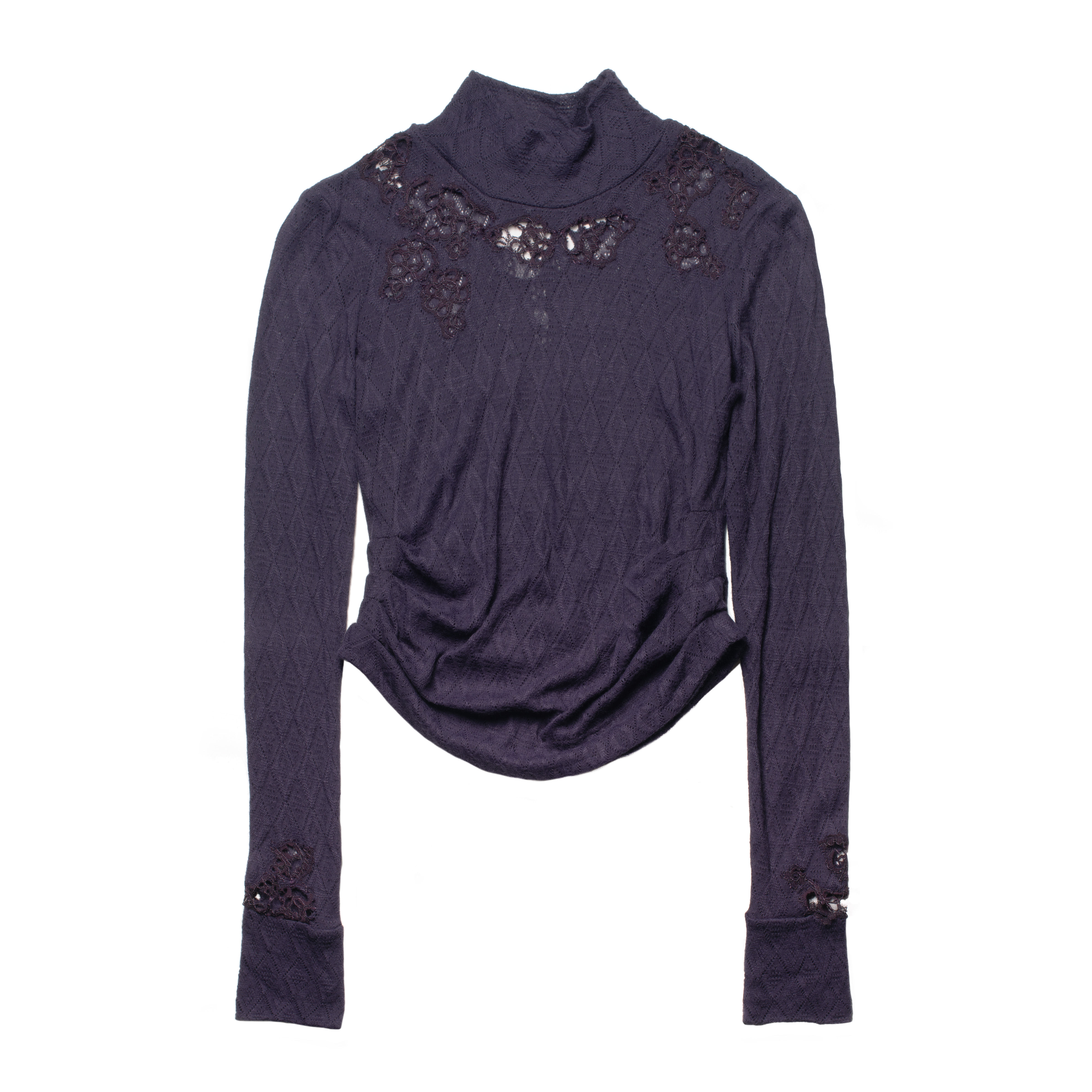 Dark Purple Sheer Wool Diamond Knit Turtleneck Blouse Flat Lay Front View