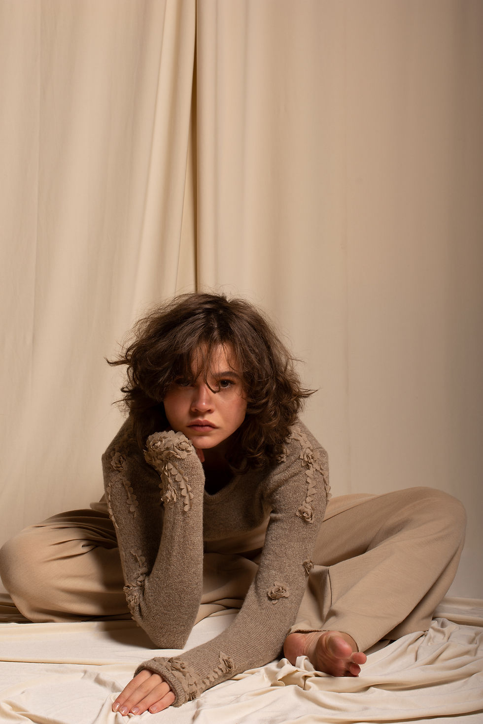 Sand Mohair Blouse on Model