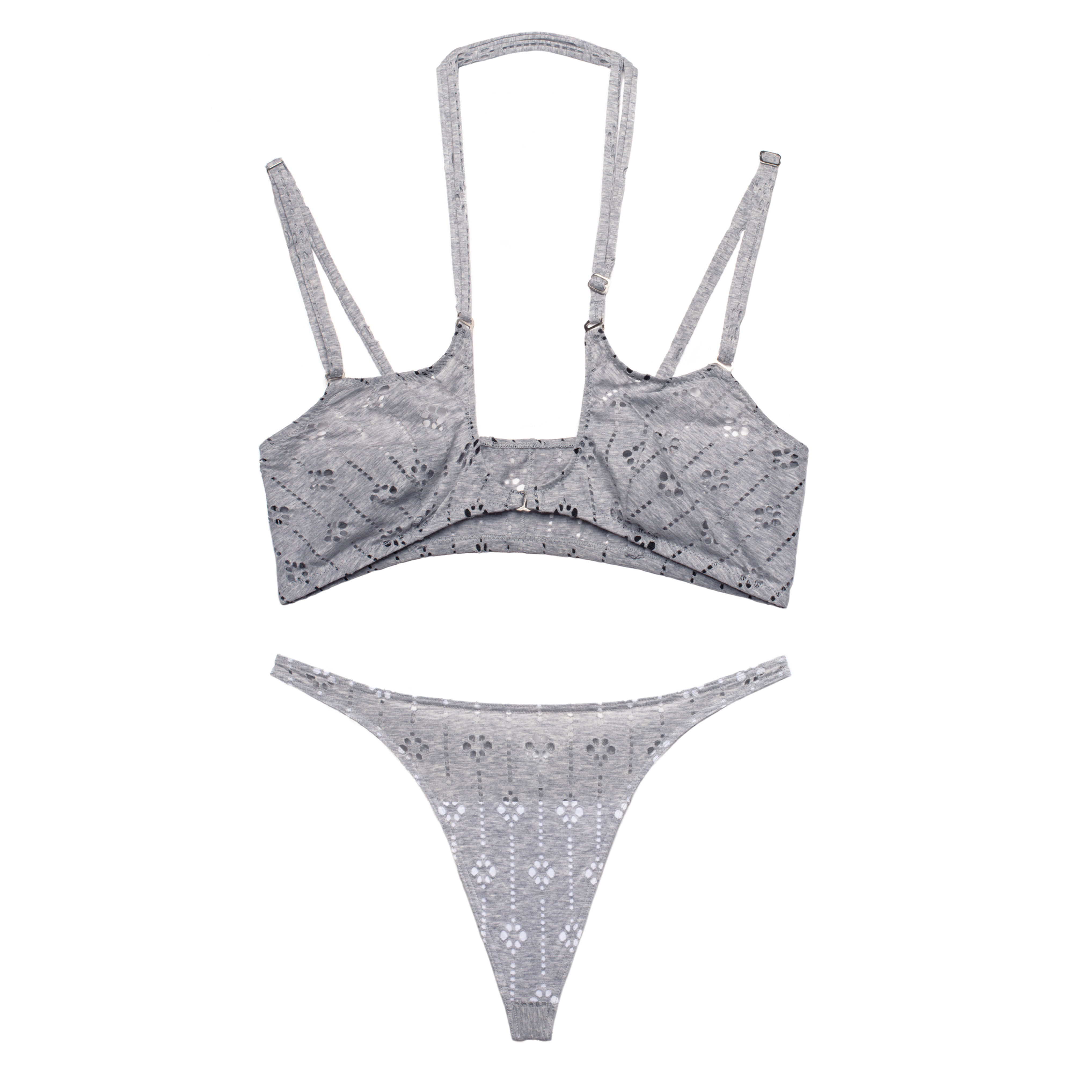 Light Gray Cotton Breeze Cutout Bralette and Thong Set Flat Lay Front View