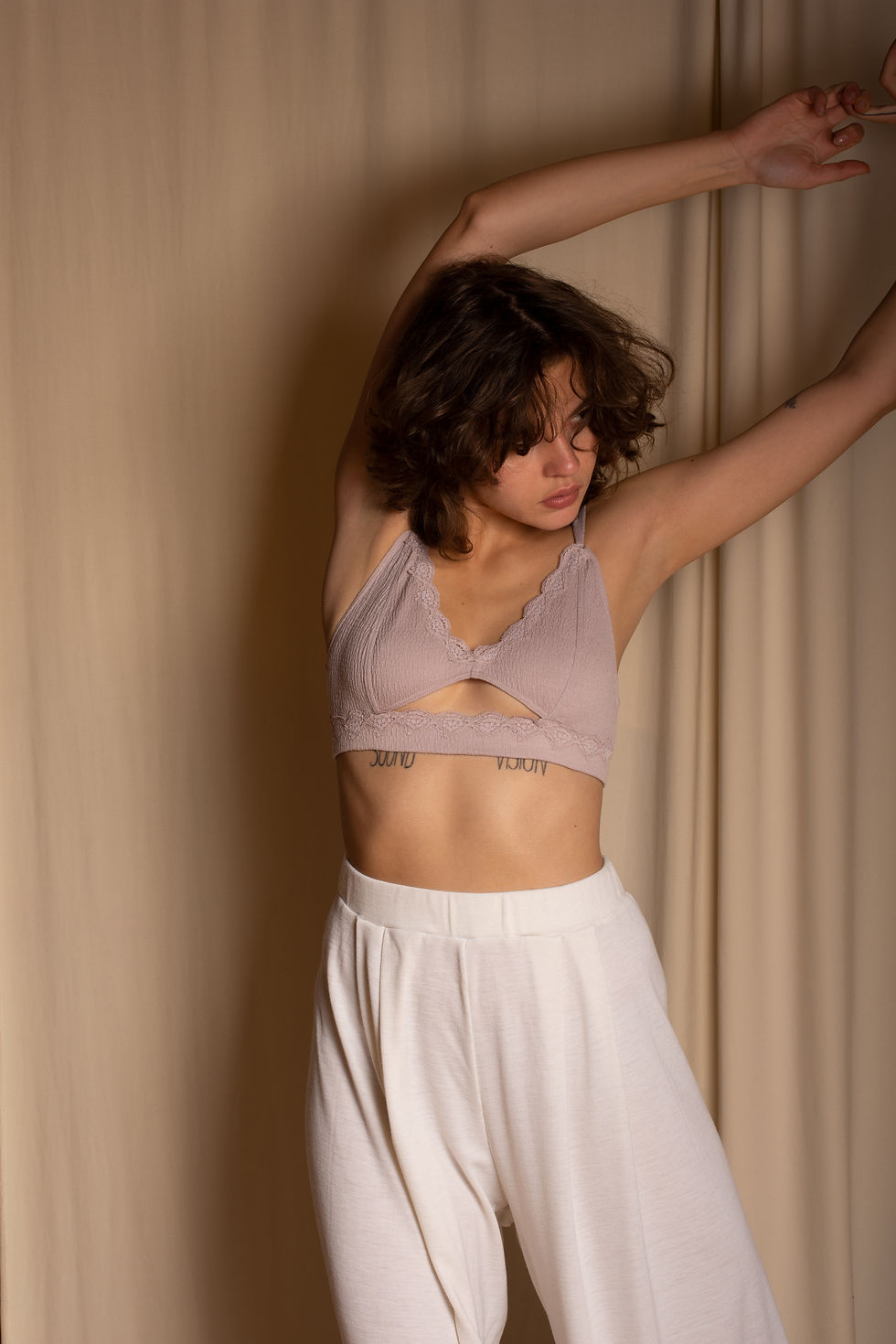 Pink Wool Lace Bralette on Model Front View