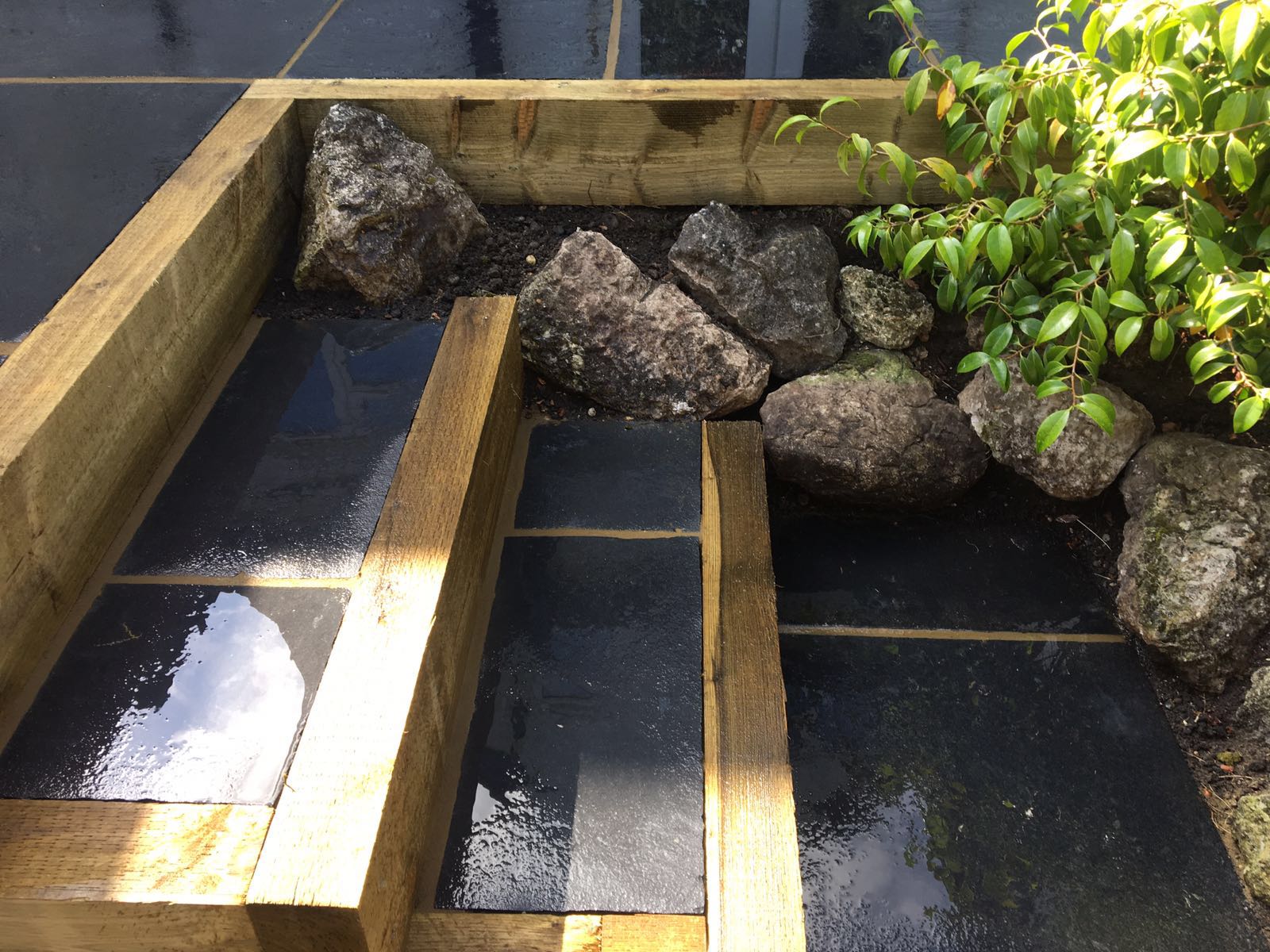 Limestone patio and steps in Bushey