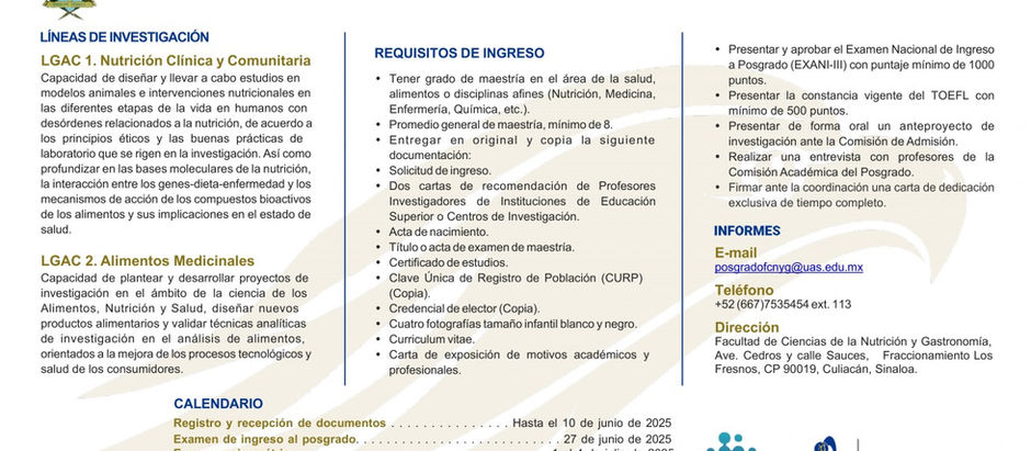 La UAS convoca a la sexta edición del Doctorado en Ciencias de la Nutrición, el curso inicia el 01 de septiembre