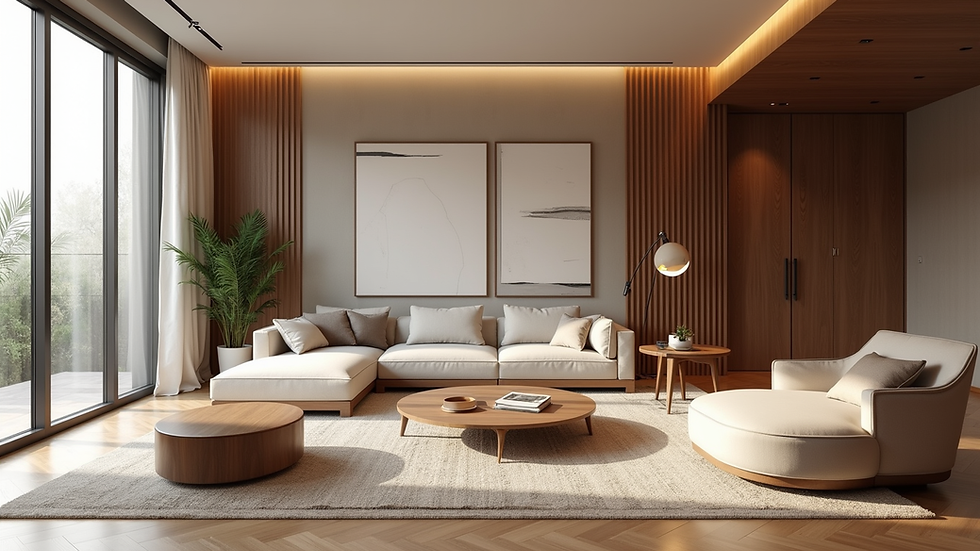 Eye-level view of a modern living room with exclusive wooden furniture