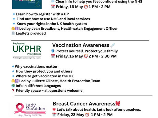 WORKSHOPS THIS MAY at Welcome to the UK Southend Hub: clear, kind info to help you take care of your health.