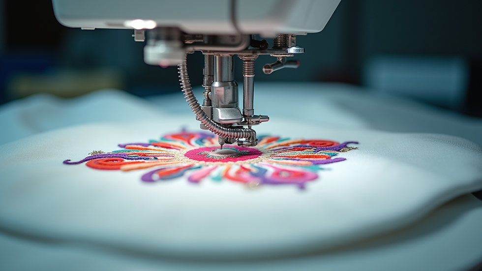 Eye-level view of embroidery machine stitching a colorful design on a white cap