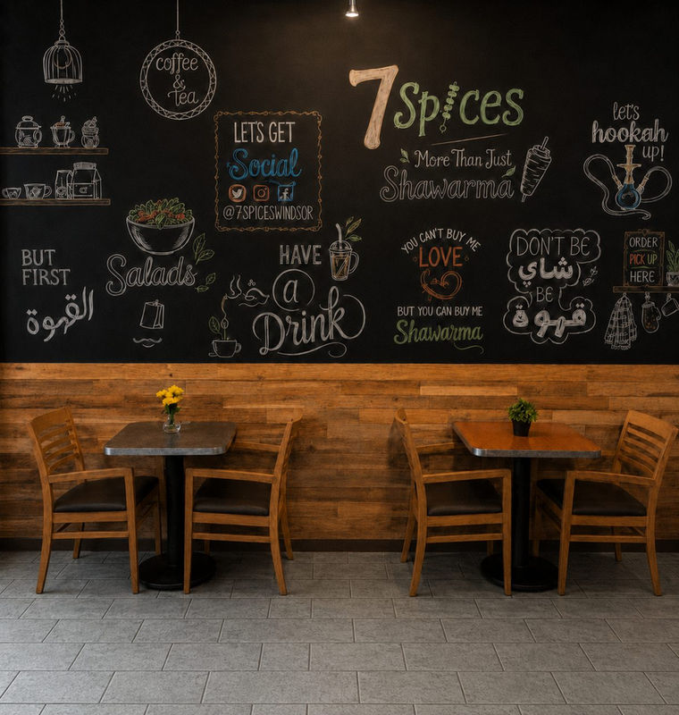 Chalkboard menu wall at Aromas Cafe by 7Spices in Windsor Ontario, hand-lettered with the day's Lebanese menu