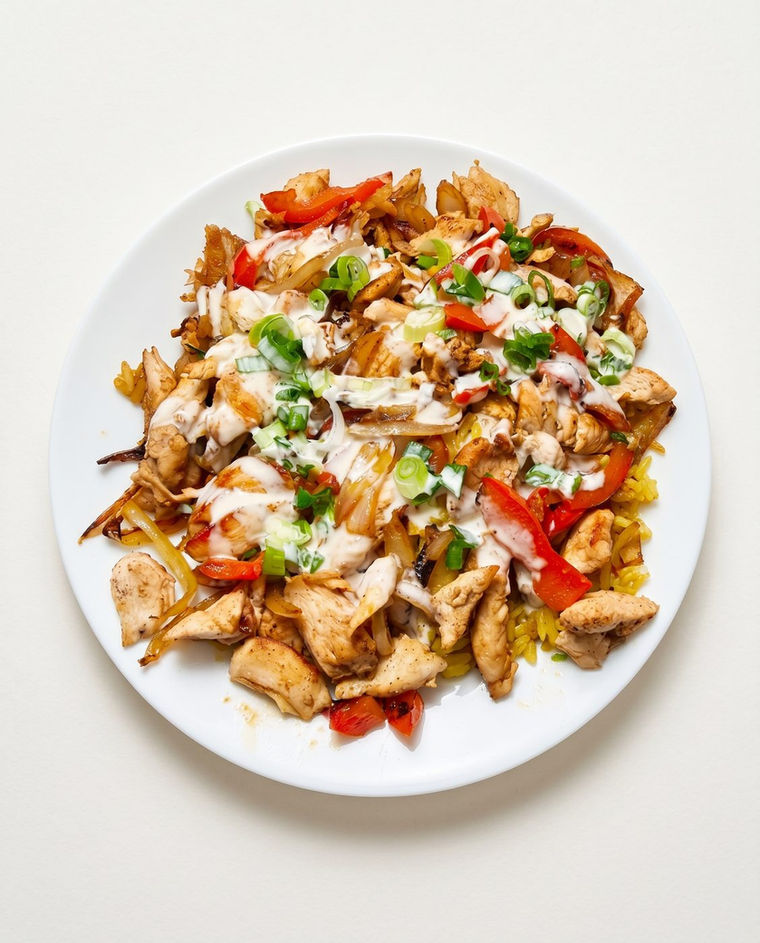 Best shish tawouk platter in Windsor Ontario — overhead grilled chicken with peppers, onions, and spiced rice at Aromas Cafe by 7Spices