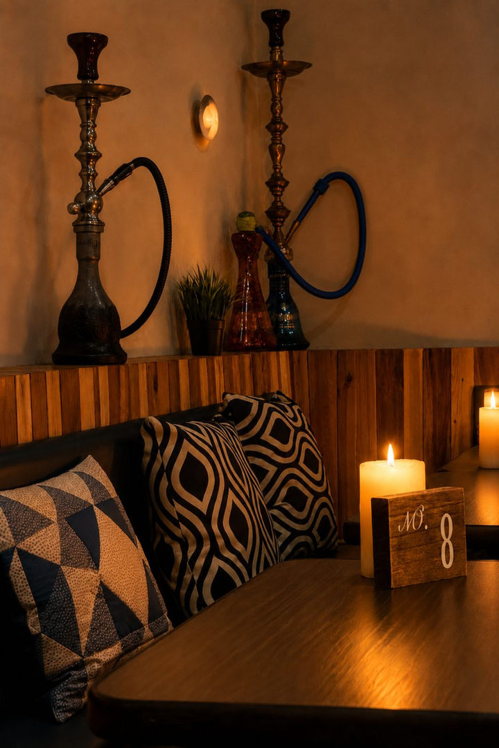 Shisha lounge in Windsor Ontario — hookah and hanging lantern in the Aromas Cafe lounge