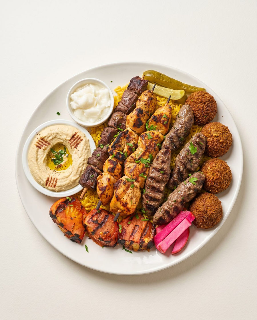 Best Lebanese catering in Windsor Ontario — overhead mixed grill platter with skewers, falafel, hummus, and rice from Aromas Cafe by 7Spices