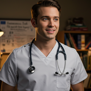 Smiling nurse in a white uniform with stethoscope stands in a warmly lit office, surrounded by books, lamps, and medical posters.