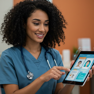 Smiling medical assistant in blue scrubs shows a patient info on a tablet in a medical setting. Orange and white walls in the background.