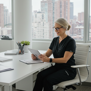 A clinical research coordinator in black scrubs sits at a modern office desk, smiling while holding a tablet. Cityscape visible through large windows. Calm mood.