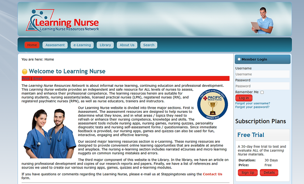 Página de inicio del sitio web de Learning Nurse con sección de inicio de sesión, planes de suscripción y texto introductorio. Presenta personal médico sonriente con uniformes azules.