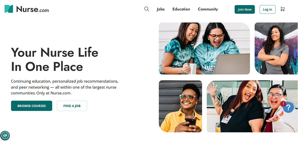 Personas sonrientes con camisetas verde azulado con una computadora portátil, fondo vibrante, espacio blanco con texto: "Tu vida de enfermera en un solo lugar" y botones.