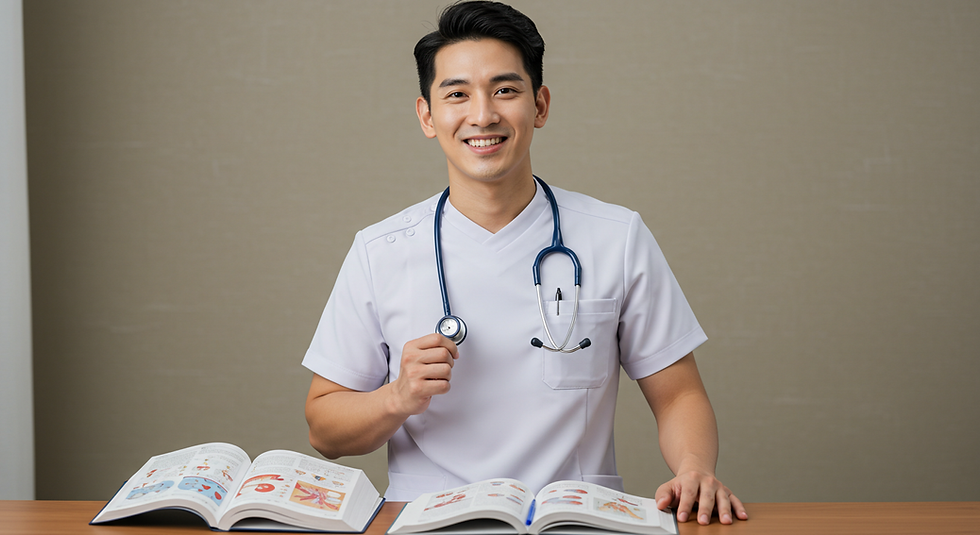Smiling nurse in white with stethoscope, seated at a wooden table with open medical books. Neutral beige background, focused and studious.