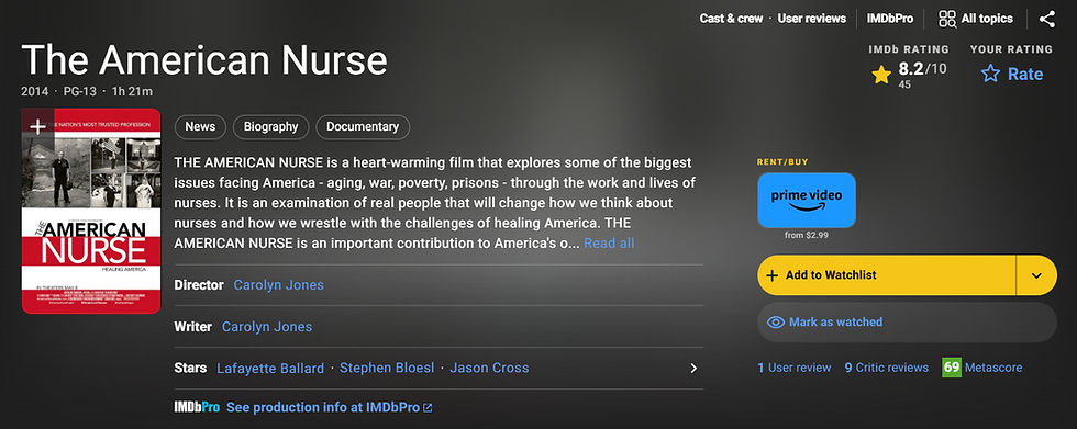 Ficha de la película "La Enfermera Americana". Incluye resumen, calificación de 8.2 en IMDb, dirección Carolyn Jones, actores y opción de alquiler en Prime Video.