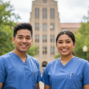 Two nursing student in blue scrubs smiling outside a building with a tower. Green trees line the background. Bright, professional, and cheerful.