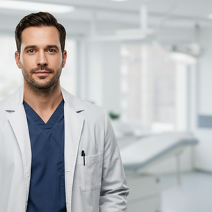 Nurse Practitioner in a white coat over navy scrubs in a bright, modern office. Background includes shelves, desk, and exam table, evoking a professional atmosphere.