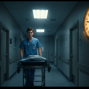 A nurse in blue scrubs pushes a covered stretcher down a dim hospital hallway. A large, glowing clock reads 11:13. The mood is tense.