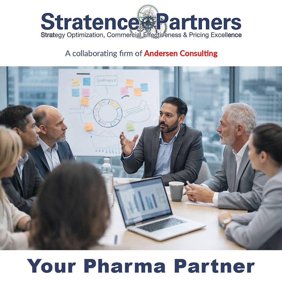 Pharmaceutical executives discussing organizational change, governance, and operating model redesign in a modern corporate environment.
