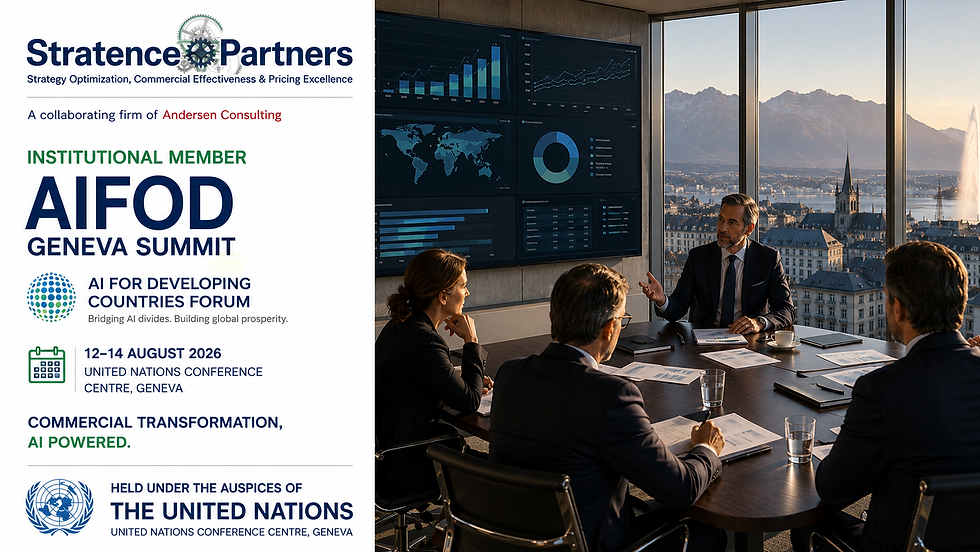 Senior executives reviewing commercial strategy dashboards in a premium boardroom overlooking a modern financial district, illustrating how AI supports executive decision-making, pricing governance, and Commercial Transformation.