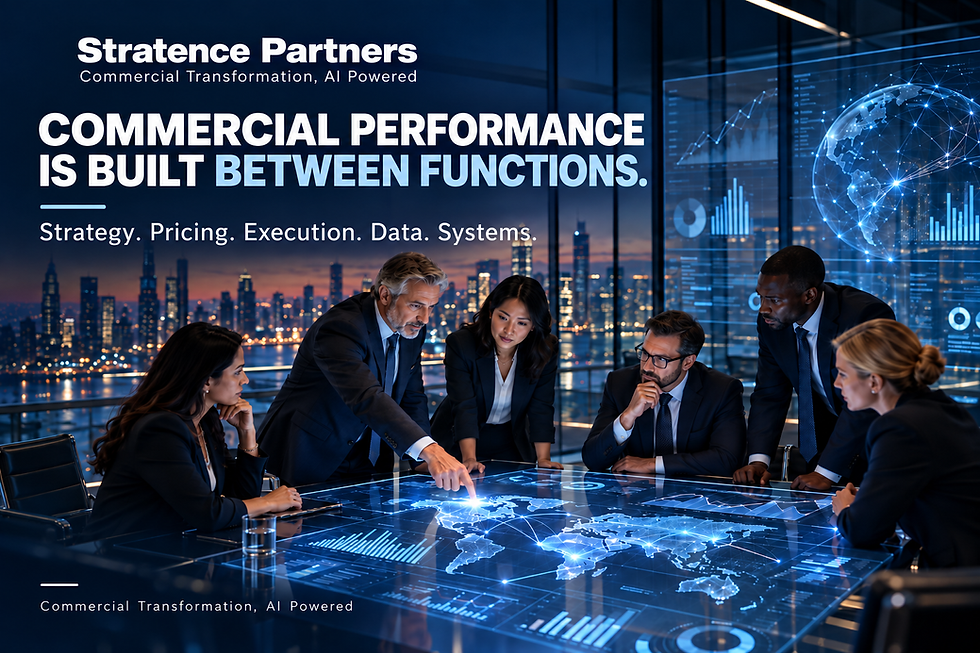 Senior executives analyzing connected strategy, pricing, commercial performance and data insights in an integrated decision environment.
