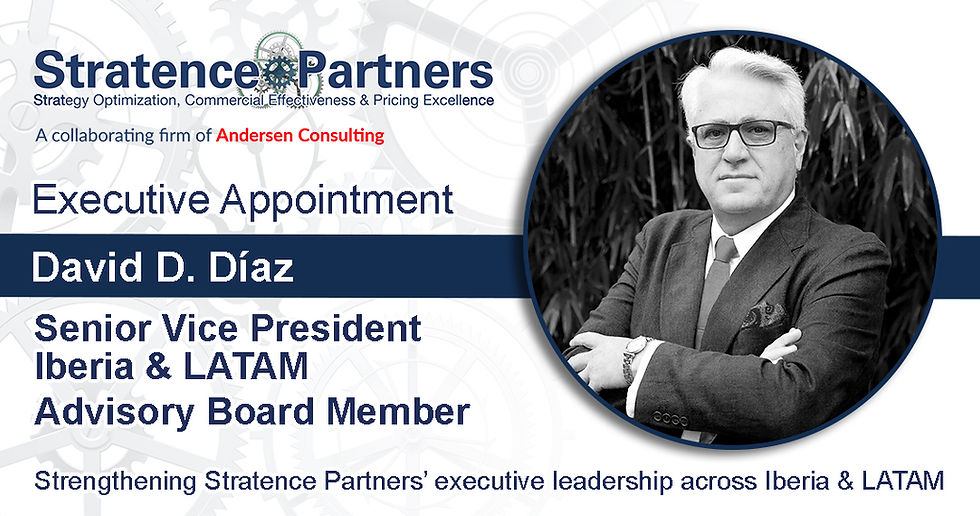 Corporate announcement from Stratence Partners confirming the appointment of David Diaz as Senior Vice President Iberia & LATAM and Advisory Board Member.