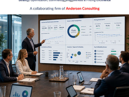 Senior technology executives reviewing integrated commercial performance dashboards combining pricing governance, profitability visibility and strategic decision architecture in a modern corporate environment.