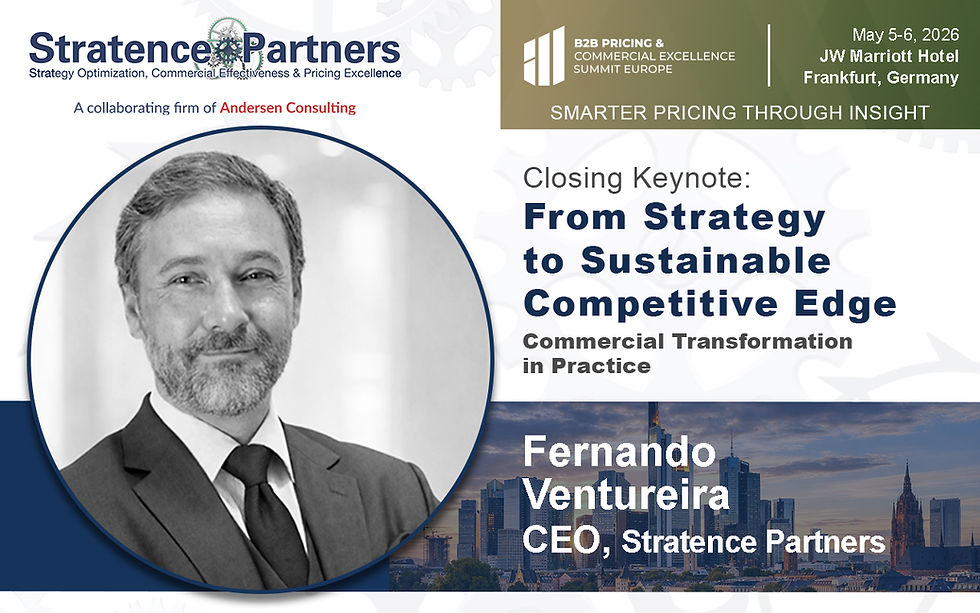 Fernando Ventureira presenting at the B2B Pricing & Commercial Excellence Summit Europe 2026 in Frankfurt, discussing commercial transformation and sustainable competitive advantage.