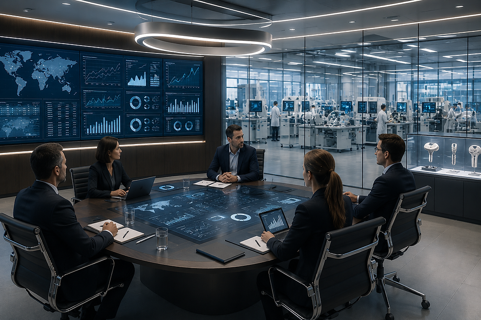 Executive-style visual representing Commercial Transformation in the Medical Devices industry, showing interconnected governance, pricing, commercial execution, and AI Powered decision systems inside a modern operational environment.