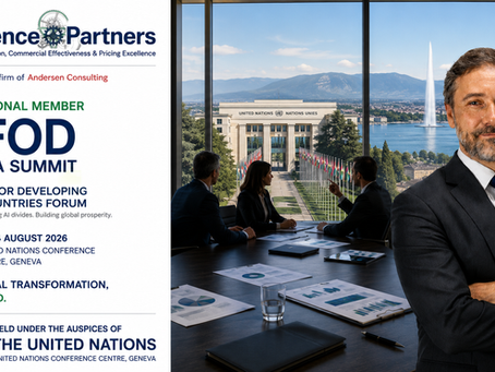 Promotional image announcing Stratence Partners' participation as an Institutional Member of the AI Forum for Developing Countries (AIFOD) Geneva Summit, held at the United Nations Conference Centre in Geneva from August 12–14, 2026. The image features CEO Fernando Ventureira alongside a modern executive boardroom overlooking the United Nations headquarters and Lake Geneva, highlighting Stratence's focus on Commercial Transformation, AI-powered business performance, Strategy Optimization, Pricing Excellence, and Commercial Effectiveness.