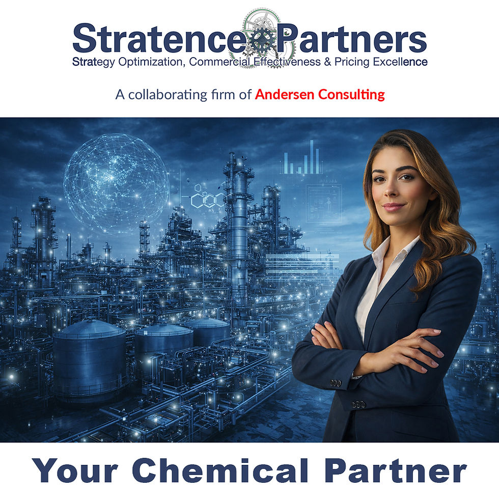 Chemical industrial complex at night with advanced data overlays, symbolizing commercial resilience, pricing governance and disciplined execution in a high-volatility chemical market.