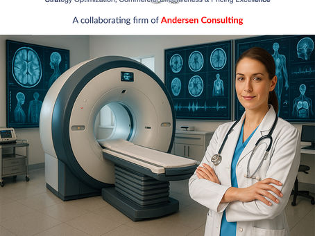 Photorealistic image of a confident female doctor in a hospital, standing beside advanced medical equipment, symbolizing MedTech strategy.